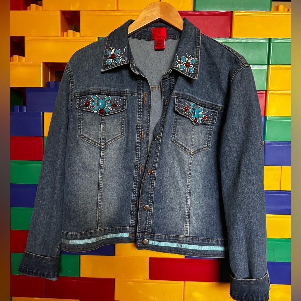 V Christina denim turquoise and ruby butterfly jacket size large - Picture 2 of 11